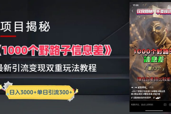 【独家】抖音一千个野路子信息差最新玩法教程–引流＋变现网创吧-网创项目资源站-副业项目-创业项目-搞钱项目网创吧
